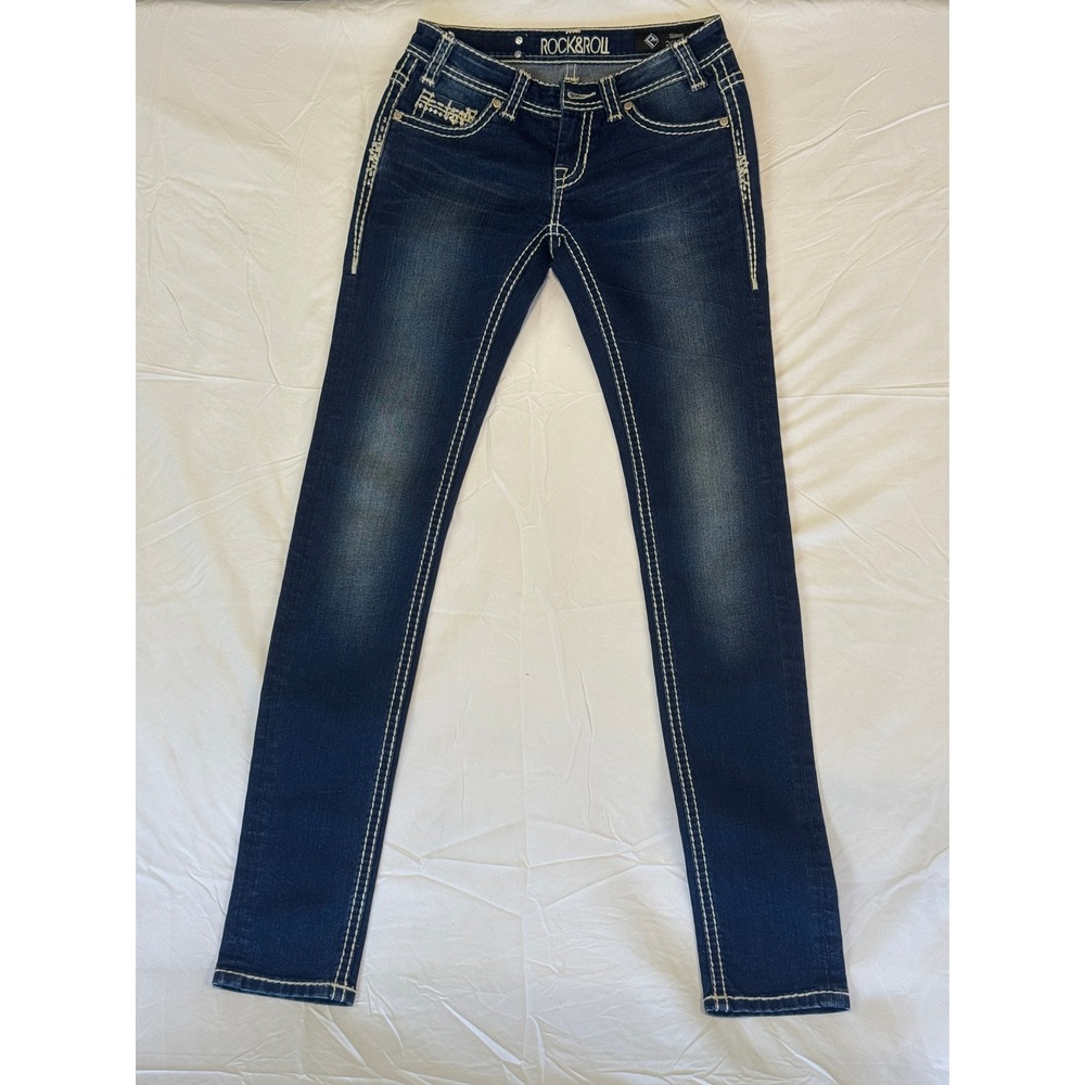 Rock and Roll Cowgirl Skinny Jeans Dark Wash Contrast Stitch W0S6456 26x34